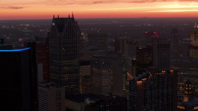 Aerial wide shot of the city of Detroit. Evening Time.
