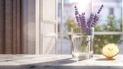 A charming lavender in a glass cup, on granite table in front of window