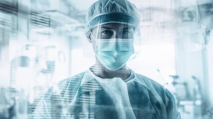 Double exposure photography of closeup doctor and the hospital operating room, surgery, surgeon, patient, person, operation, medicine, clinic, health, medic, nurse