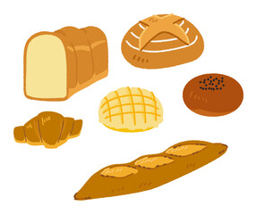 様々なパンの手書きベクターイラストセット／食べ物・炭水化物