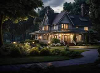 Fototapeta premium Lovely home exterior at nighttime