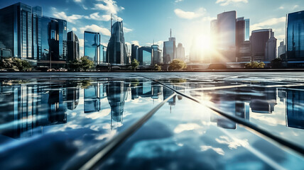 Obraz premium Glass facades of a skyscraper on a bright sunny day with sunbeams in the blue sky. Modern buildings in the business district. Economy, finance, business activity concept. Perspective view