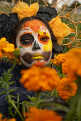 Handsome girl in Mexican sombrero and traditional costume with skull makeup on his face. Festive background with colorful lights and Copy Space. Dia de los muertos. Day of The Dead. Halloween.