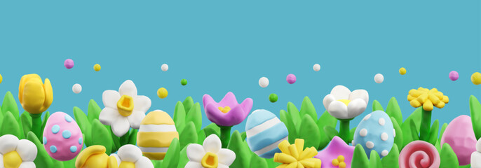 Fototapeta na wymiar Easter seamless border, realistic 3D vector illustration, plasticine art