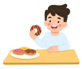 Boy eating donut cartoon illustration