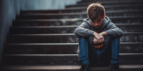Depressed boy sitting alone at stairs, victim of school bullying, Stress and mental problem in childhood
