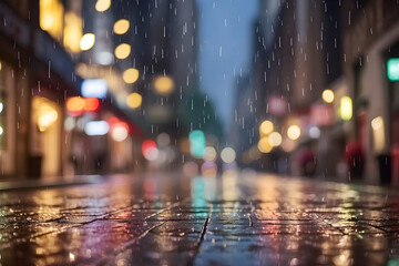 night city street , rain with blurred lights background in the street 