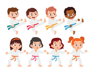 Set of Little Kid Boy Girl Training Karate Children with lovely boy with martial arts in different poses. Isolated Element Objects. Flat Style Icon Vector Illustration