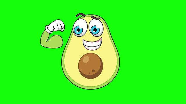 Flexing muscle of avocado cartoon, strong pose mascot animation on a green screen

