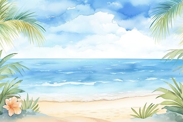 Fototapeta na wymiar Delicate Watercolor Beach Background Wallpaper: A Serene Coastal Retreat