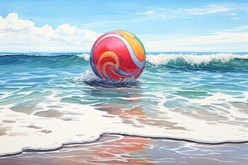 Fototapeta na wymiar Beach Ball Drawing: Vibrant Sea-inspired Artwork of a Beach Ball at the Beach