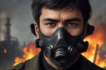 Person in gas mask.close up face view on chemical industry flammable background with smoke .