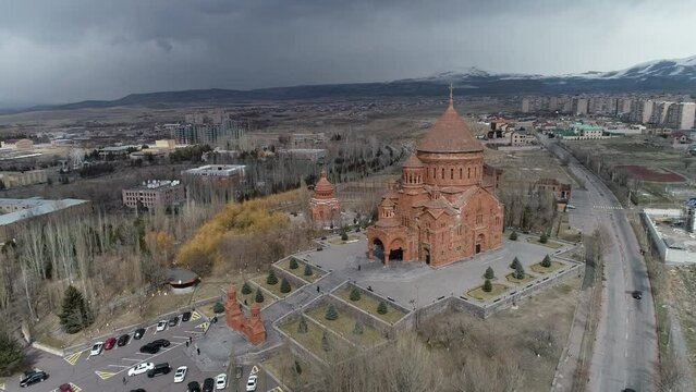 Aerial footage of Saint John the Baptist Church in the town of Abovyan, Kotayk Province, Armenia