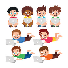 Set of Cute Little Boy Using Laptop Kid Children with Various Different Poses. Activity Isolated Element Objects. Flat Style Icon Vector Illustration