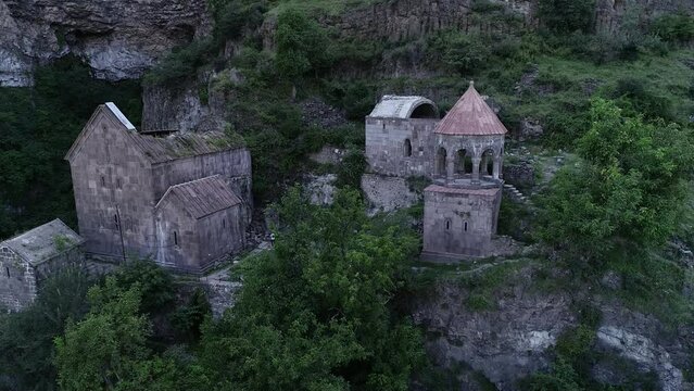 Drone shot of the Kobayr Monastery Complex in the village Kobayr near Tumanyan town, Lori, Armenia