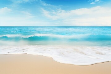 Fototapeta na wymiar Soft Wave of Blue Ocean on Sandy Beach Background: Captivating Beach Landscapes in Stunning Imagery