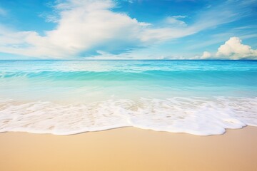 Fototapeta na wymiar Beach Landscapes: Soft Wave of Blue Ocean on Sandy Beach Background - Captivating Coastal Scenery for Refreshing Beach Getaways