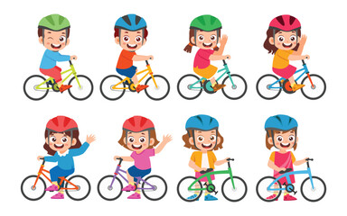 Set of Cute Little Boy Girl Riding Bicycle Kid Children with Various Different Poses. Activity Isolated Element Objects. Flat Style Icon Vector Illustration