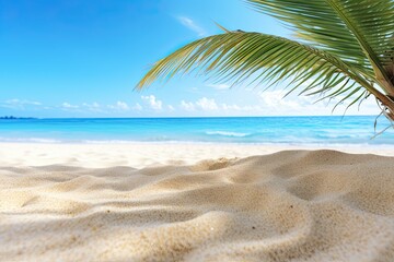 Fototapeta na wymiar Beach Palm Tree: Closeup of Sand on Blue Summer Sky - Captivating Image