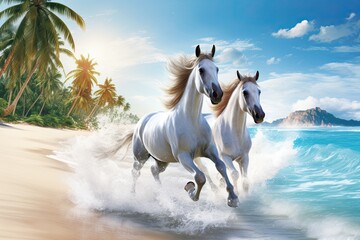 Beach Palm Tree: Majestic Horses Running on the Sandy Shore