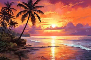 Fototapeta na wymiar Beach Scene: Stunning Palm Tree Beach Sunset Captured in a Breathtaking Image
