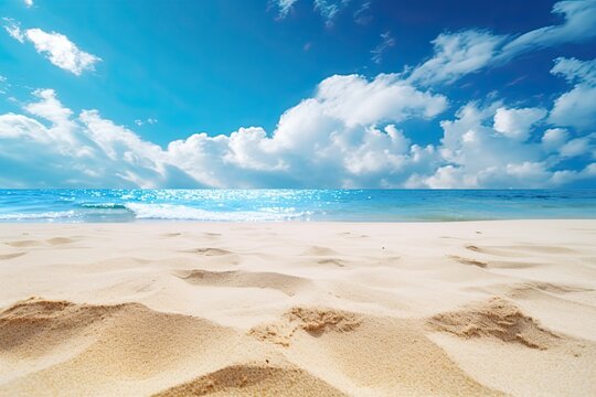 Closeup of Sand on Beach with Blue Summer Sky - Captivating Beach Scene Image
