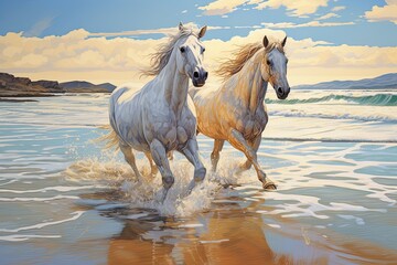Obraz na płótnie Canvas Beach Sea: Majestic Horses Running on the Sandy Shoreline