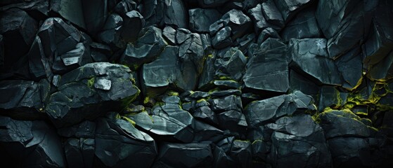 A stone wall background with a black rock texture, adorned by lush green veins and vibrant green nuggets, marries the rugged beauty of nature with a lively, natural touch. - obrazy, fototapety, plakaty