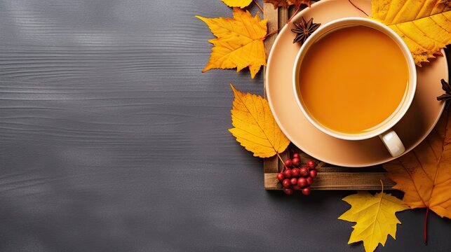 Autumn mood concept top view photo of cup of tea with lemon slice