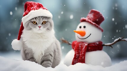 a cat wearing a santa hat and scarf is next to a snow sculpture