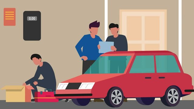 workshop with mechanic crew 3d isometric cartoon animation in 4K UHD 3840x2160