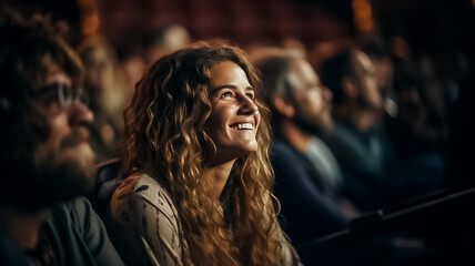 Fototapeta premium Group of diversety people in theater or Cinema watching a show or movie and laughing. Audience seminar,conference,theater show. People having fun copy space