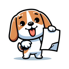 Beagle puppy holding a white paper, vector illustration.