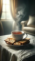 a cup of hot tea with crackers on the table