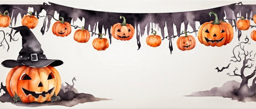 A bewitching watercolor Halloween pumpkin banner adorned with a white copy space for your spooky messages