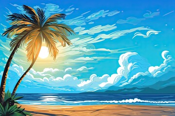 Fototapeta na wymiar Cartoon Beach: Palm Tree on Tropical Beach with Blue Sky and White Clouds - Abstract Background Image for a Tropical Escape
