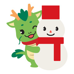 かわいい辰と雪だるまのお正月用イラスト