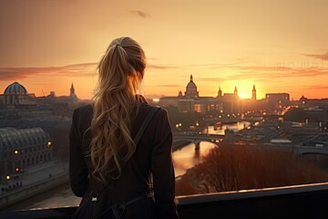 Fototapeta na wymiar Sunset serenity. Young woman contemplating by river. Urban solitude. Beautiful lady reflecting at sunrise. Summer wanderlust. Traveler freedom in city