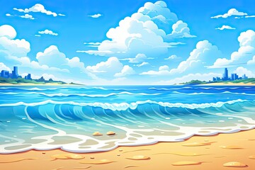 Fototapeta na wymiar Cartoon Beach: Soft Wave of Blue Ocean on Sandy Beach Background - Vibrant and Playful Tropical Scene