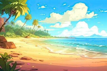 Fototapeta na wymiar Cartoon Beach: Tranquil Summer Vibe with Relaxing Sunlight - Vibrant Digital Image for a Chilled Summer Mood