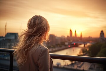 Obraz premium Sunset serenity. Young woman contemplating by river. Urban solitude. Beautiful lady reflecting at sunrise. Summer wanderlust. Traveler freedom in city