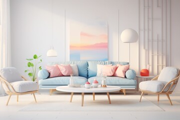 A living room design with sofa and couch on cartoon theme and with pastel color scheme