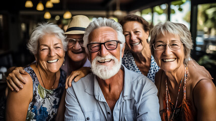Happy group of senior people smiling at camera outdoors - Older friends taking selfie pic with smart mobile phone device - Life style concept with pensioners having fun together on summer holiday - obrazy, fototapety, plakaty
