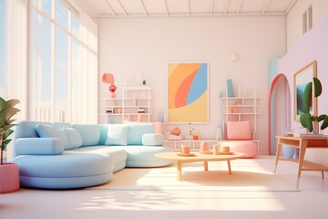 A living room design with sofa and couch on cartoon theme and with pastel color scheme