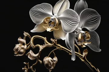 Foto auf Acrylglas A white and golden orchid luxury flower isolated on a black background © Tarun
