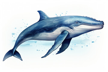 Fototapeta premium Watercolor blue whale isolated on white baсkground. AI Generative
