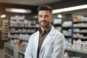 A pharmacist in his medical shop