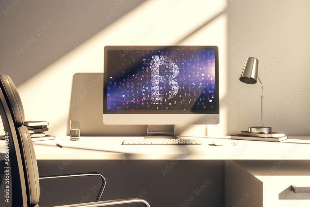 Poster Modern computer monitor with creative Bitcoin symbol. Cryptocurrency concept. 3D Rendering