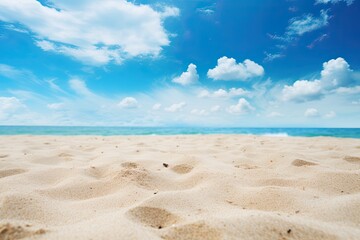 Fototapeta na wymiar Closeup of Sand on Beach and Blue Summer Sky: Captivating Beach Landscape Image