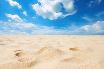 Beach Scenes: Closeup of Sand on Beach and Blue Summer Sky - Captivating Coastal View
